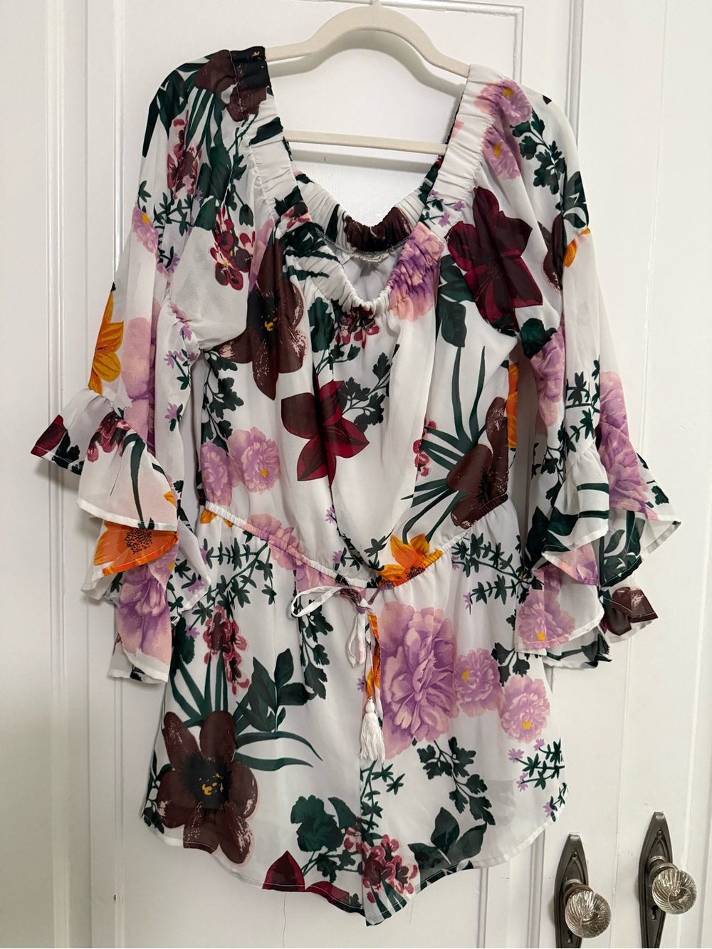 Women's White Floral Romper with Tie Waist